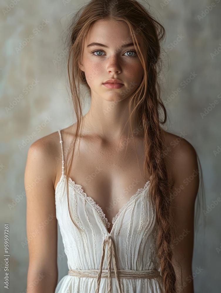 A young woman with long braids poses elegantly in a white dress, showcasing soft features and natural beauty against a muted background. A young woman with long braids poses elegantly in a white dress, showcasing soft features and natural beauty against a muted background.
