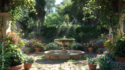 a serene patio surrounded by potted plants and blooming flowers, in front of a lush garden with tall trees and various greenery. A small water fountain is in the center photo