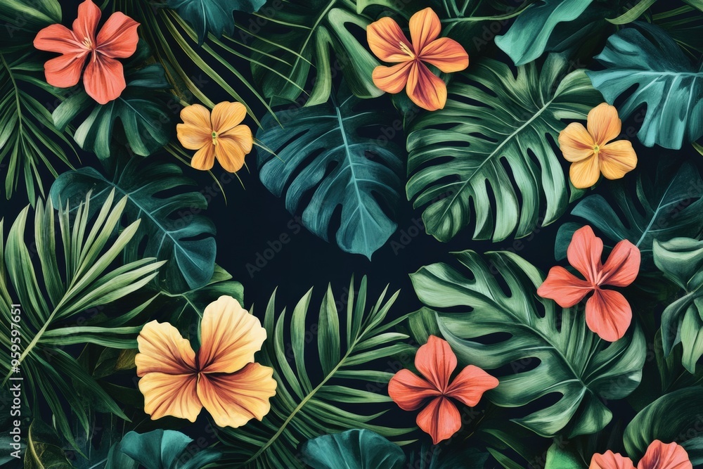 attern of tropical leaves and exotic flowers in vibrant colors. Include various types of leaves such as palm, monstera, and banana leaves, set against a deep, contrasting background attern of tropical leaves and exotic flowers in vibrant colors. Include various types of leaves such as palm, monstera, and banana leaves, set against a deep, contrasting background