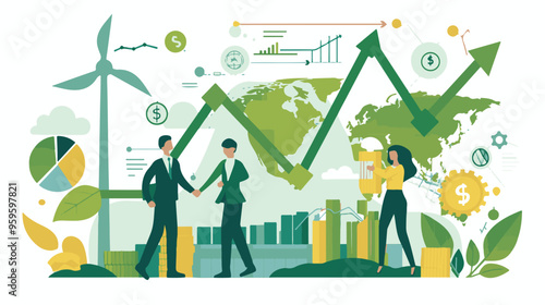 A flat design vector art illustration depicting the concept of green finance and sustainable development vector illustration 