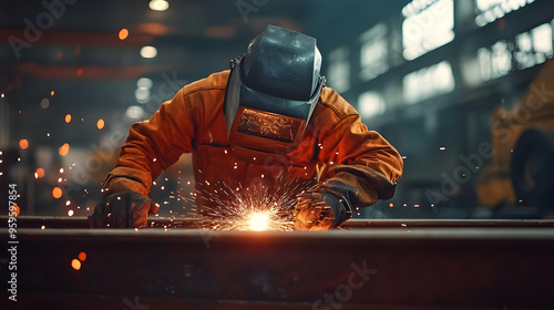 A welder working on metal, ...