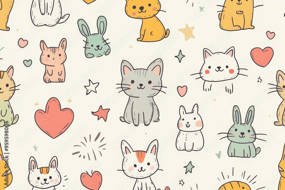 Obraz premium Pattern with hand-drawn doodles of cute animals, such as cats, dogs, and rabbits. Use a playful color scheme with pastel hues and include small, whimsical elements like hearts and stars