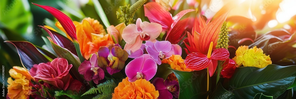 Brightly colored tropical flowers create a lively bouquet, featuring orchids, birds of paradise, and anthuriums in a lush garden. Generative AI Brightly colored tropical flowers create a lively bouquet, featuring orchids, birds of paradise, and anthuriums in a lush garden. Generative AI