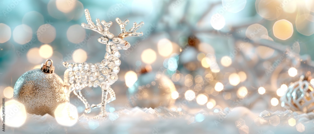 A shimmering reindeer ornament surrounded by festive decorations and soft lights, creating a magical winter atmosphere. A shimmering reindeer ornament surrounded by festive decorations and soft lights, creating a magical winter atmosphere.