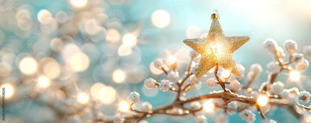 A shimmering star ornament nestled among frosted branches, glowing softly against a dreamy, sparkling background. A shimmering star ornament nestled among frosted branches, glowing softly against a dreamy, sparkling background.