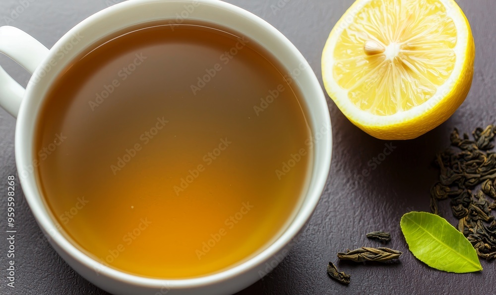 a cup of green tea with lemon for brain health and wellness - natural energy boosting beverage concept. a cup of green tea with lemon for brain health and wellness - natural energy boosting beverage concept.
