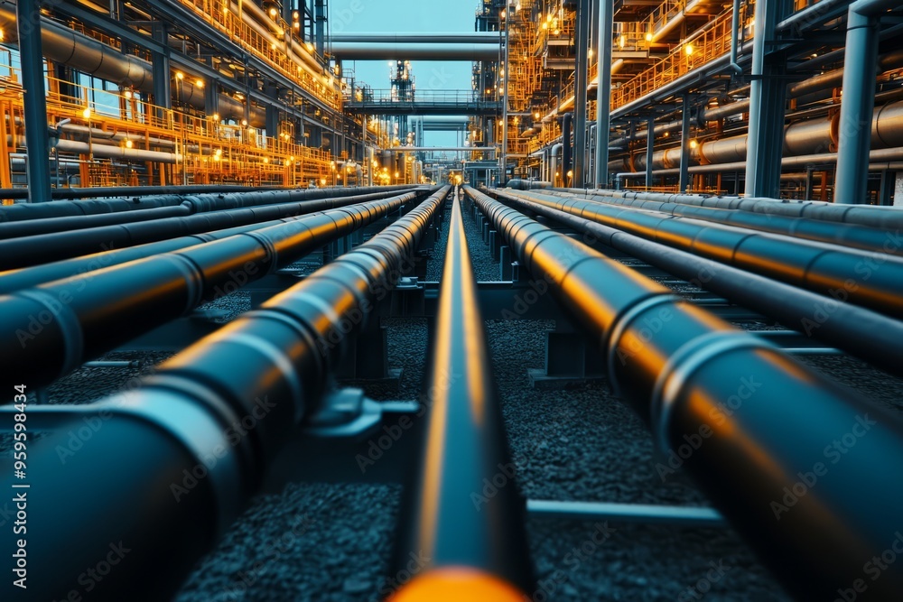 Industrial pipeline perspective showcasing technology and infrastructure in a modern gas plant with glowing lights. Industrial pipeline perspective showcasing technology and infrastructure in a modern gas plant with glowing lights.