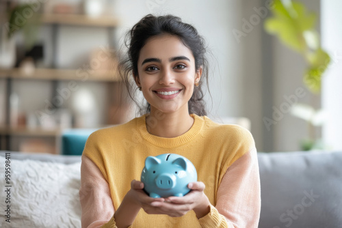 young indian woman holding piggy bank photo