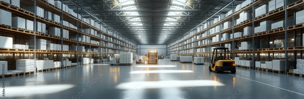 A large warehouse with high shelves filled with boxes and a yellow forklift in the middle of the aisle. A large warehouse with high shelves filled with boxes and a yellow forklift in the middle of the aisle.