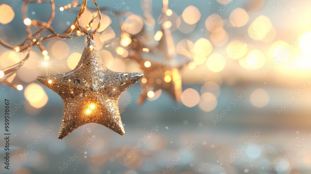 A sparkling star ornament hanging with beautiful bokeh lights in the background, creating a festive and magical atmosphere. A sparkling star ornament hanging with beautiful bokeh lights in the background, creating a festive and magical atmosphere.