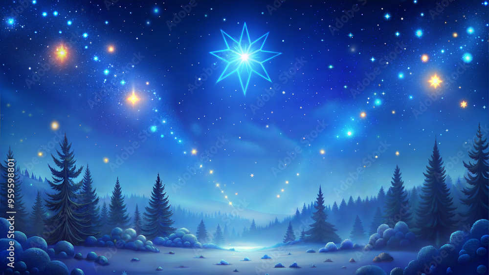 Naklejka premium Stunning winter Christmas night scene with bright star and sparkling sky in serene landscape