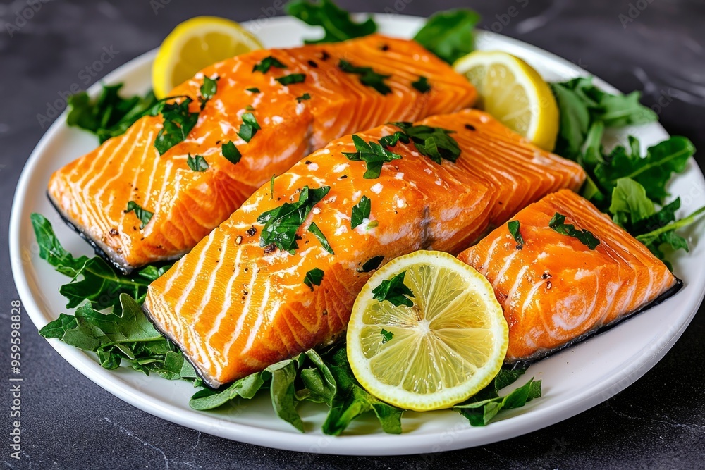 Delicious grilled salmon fillets garnished with fresh herbs and lemon slices, served on a bed of leafy greens. Delicious grilled salmon fillets garnished with fresh herbs and lemon slices, served on a bed of leafy greens.