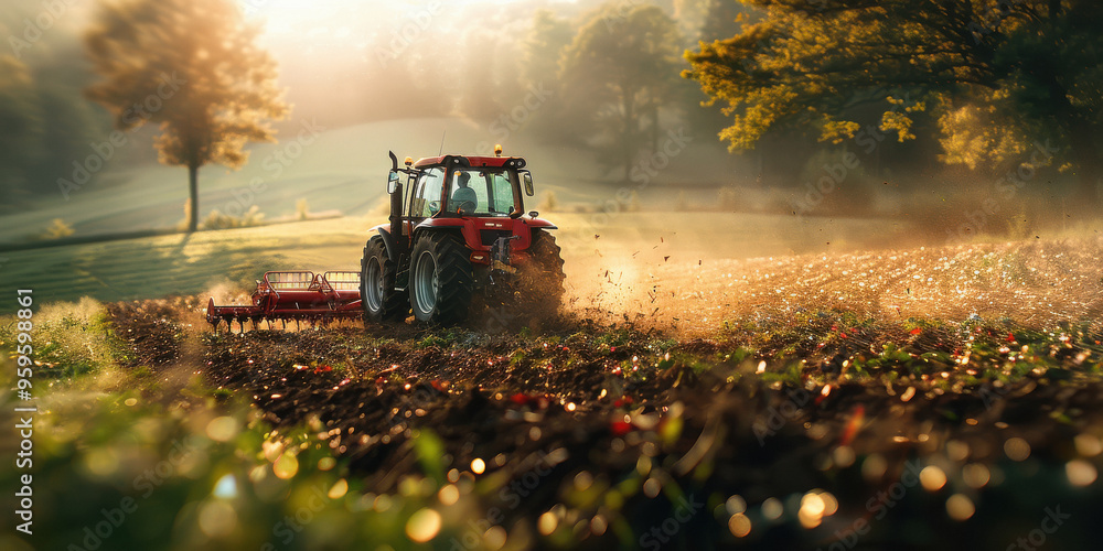 modern tractor working in the field modern tractor working in the field