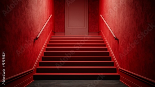 red staircase in a dark hallway - halloween background for advertisement display  graphic design and digital art.