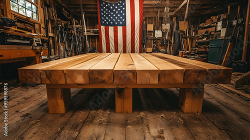 A wooden table in a worksho...