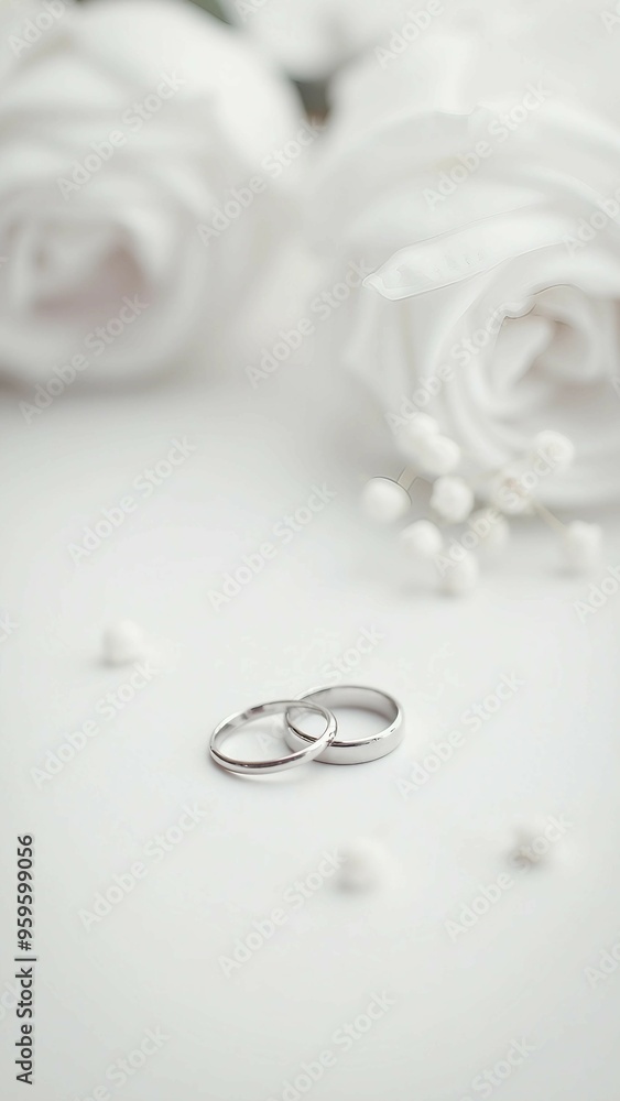 Elegant Wedding Rings with White Roses and Soft Floral Background Elegant Wedding Rings with White Roses and Soft Floral Background