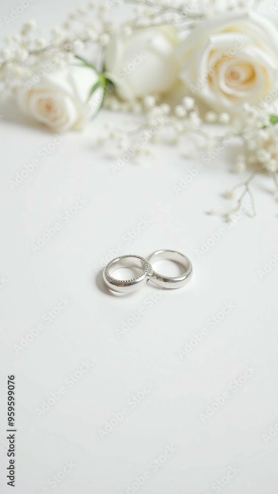 Elegant Wedding Rings with White Roses and Soft Floral Background Elegant Wedding Rings with White Roses and Soft Floral Background