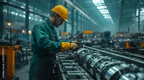 A worker in a factory inspecting machinery components.