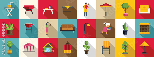 House patio icons set. This colorful icon set includes various illustrations of outdoor living, perfect for projects related to summer, leisure, and family fun