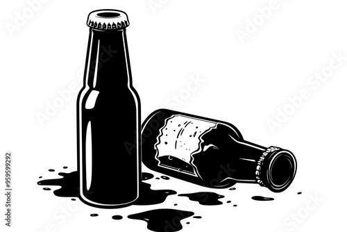 Beer bottle cap lying beside an open bottle with some liquid spilled around, vector illustration art