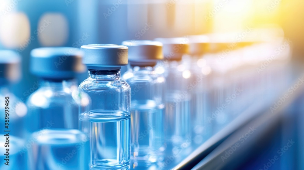 A row of clear vaccine vials sits in a well-lit laboratory, showcasing the importance of healthcare and medical advancements. A row of clear vaccine vials sits in a well-lit laboratory, showcasing the importance of healthcare and medical advancements.