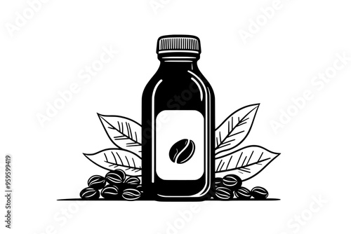 Bottle with open cap, positioned next to coffee beans and tea leaves, vector illustration art