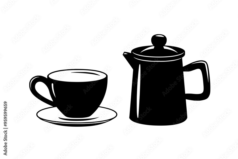 Coffee cup with frothy milk, placed beside a small pot of brewed coffee, vector illustration art Coffee cup with frothy milk, placed beside a small pot of brewed coffee, vector illustration art
