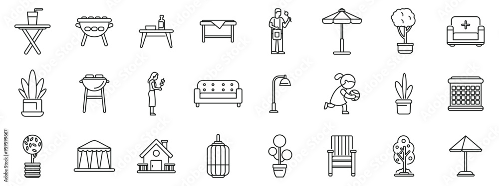 House patio icons set. Line icons representing backyard activities such as gardening, barbecuing, relaxing and furniture House patio icons set. Line icons representing backyard activities such as gardening, barbecuing, relaxing and furniture