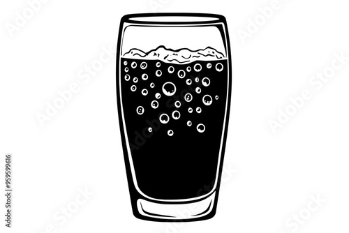 Cola-filled glass, with a light source highlighting the bubbles and liquid clarity, vector illustration art