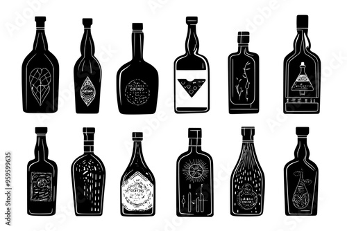 Collection of craft distillery bottles with unique labels and corks, vector illustration art