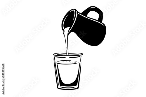 Coconut milk jug pouring into a standing glass container, vector illustration art