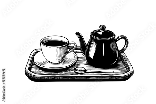 Cup of chai with a teapot beside it on a wooden tray, vector illustration art