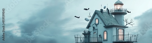 Wallpaper Mural A whimsical lighthouse home amidst a cloudy sky, showcasing a serene yet eerie atmosphere, perfect for fantasy and adventure themes. Torontodigital.ca
