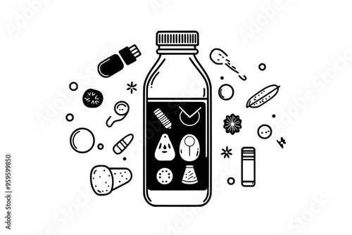 Glass bottle filled with water, displaying an array of nutrient symbols and vitamin indicators, vector illustration art