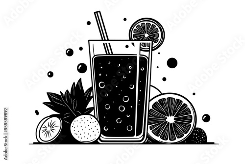 Glass container with carbonated liquid, surrounded by whole fruits and fruit segments, vector illustration art