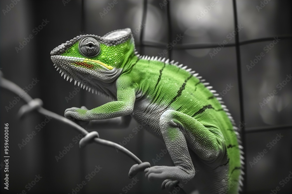 Obraz premium Green and Black Chameleon Balancing on a Branch