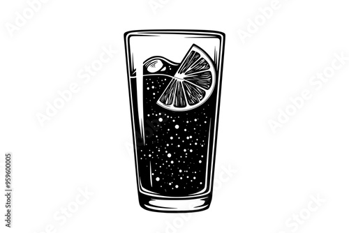 Glass of artisanal soda, clear and fizzy, with a lemon wedge on the rim, vector illustration art