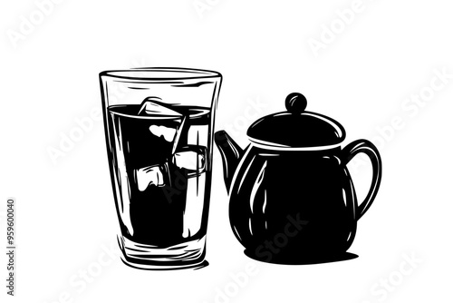 Glass of iced black tea with a teapot of brewed black tea, vector illustration art