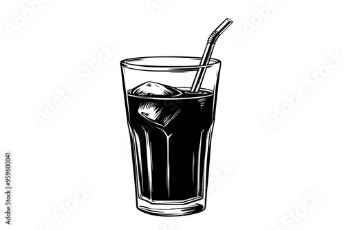 Glass of cold brew coffee with ice cubes on a wooden table, vector illustration art