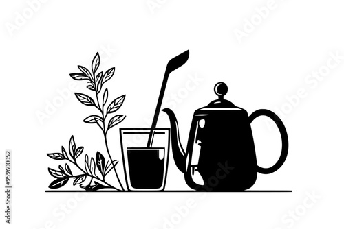 Glass of iced herbal tea with a teapot of brewed herbal tea, vector illustration art
