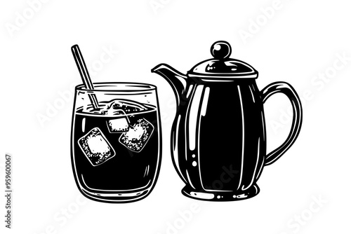 Glass of iced chai with a teapot of brewed chai tea, vector illustration art