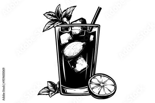 Glass of non-alcoholic mojito, with mint leaves and lime slices floating inside, vector illustration art