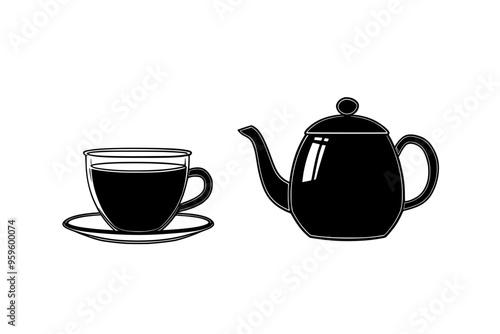 Glass teapot with brewed green tea beside a matching teacup, vector illustration art