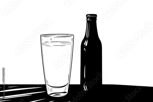 Glass of yogurt drink standing upright on a wooden table next to an unopened bottle, vector illustration art