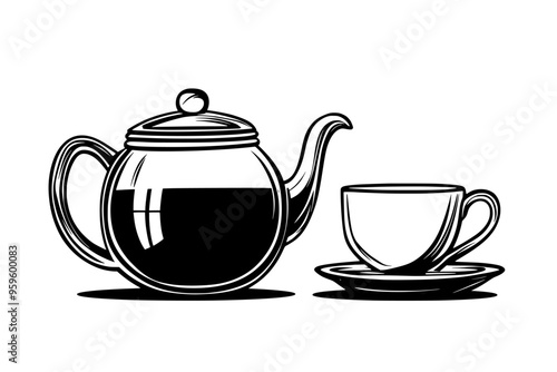 Glass teapot with brewed green tea beside a matching teacup, vector illustration art
