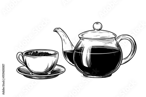 Glass teapot with brewed green tea beside a matching teacup, vector illustration art