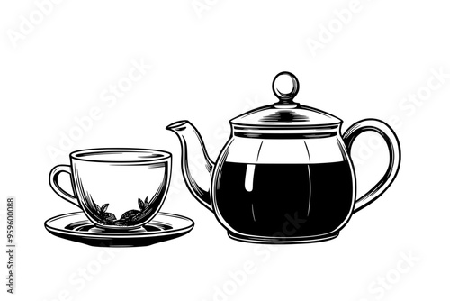 Glass teapot with brewed green tea beside a matching teacup, vector illustration art