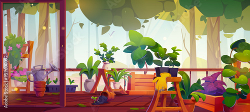 Terrace garden in summer morning. Vector cartoon illustration of house patio in forest, green plants and flowers in clay pots on wooden shelves, glass door, spilled ground on floor, gardening hobby