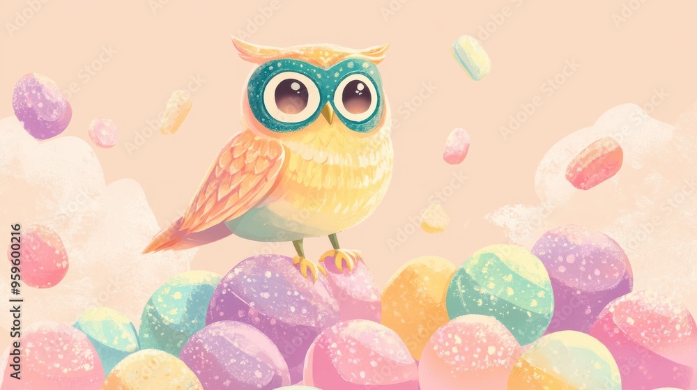 A whimsical owl perched on colorful pastel candies, exuding charm and cuteness in a dreamy pastel landscape. A whimsical owl perched on colorful pastel candies, exuding charm and cuteness in a dreamy pastel landscape.