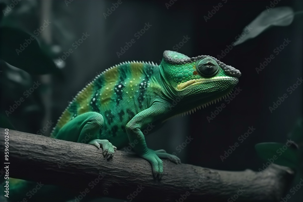 Green and Black Chameleon Balancing on a Branch Green and Black Chameleon Balancing on a Branch